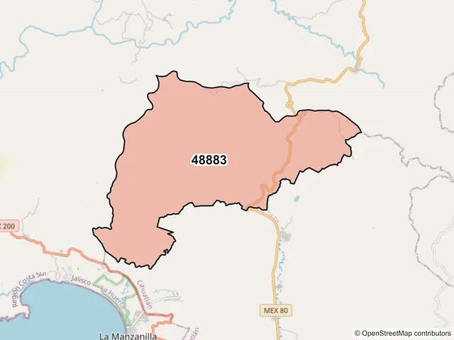 Mapa del código postal 48883, La Huerta, Jalisco