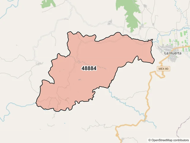 Mapa del código postal 48884, La Huerta, Jalisco
