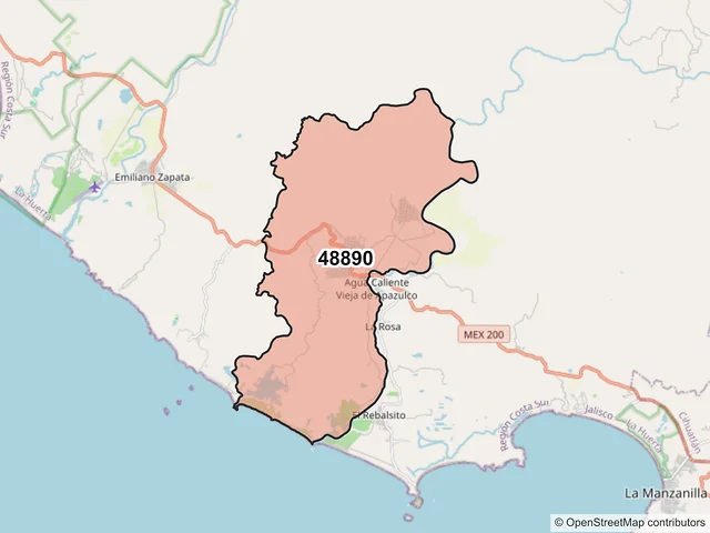 Mapa del código postal 48890, La Huerta, Jalisco