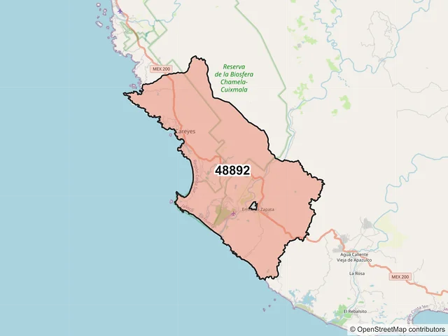Mapa del código postal 48892, La Huerta, Jalisco