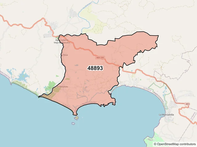 Mapa del código postal 48893, La Huerta, Jalisco