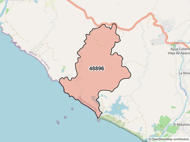 Mapa del código postal 48896, La Huerta, Jalisco