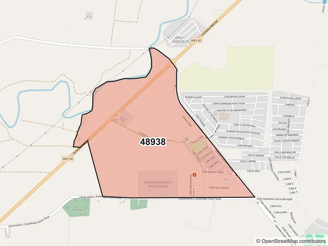 Mapa del código postal 48938, Casimiro Castillo, Jalisco