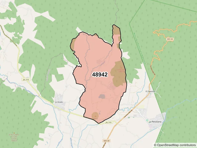 Mapa del código postal 48942, Casimiro Castillo, Jalisco