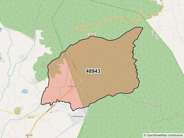 Mapa del código postal 48943, Casimiro Castillo, Jalisco
