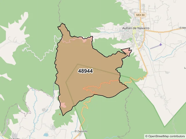 Mapa del código postal 48944, Casimiro Castillo, Jalisco