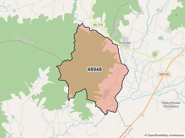 Mapa del código postal 48948, Casimiro Castillo, Jalisco