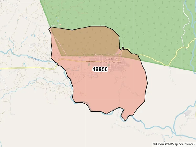 Mapa del código postal 48950, Cuautitlán de García Barragán, Jalisco
