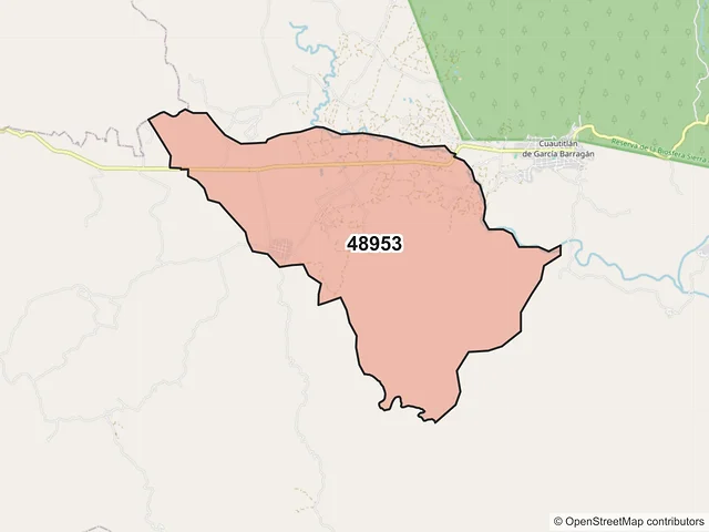 Mapa del código postal 48953, Cuautitlán de García Barragán, Jalisco