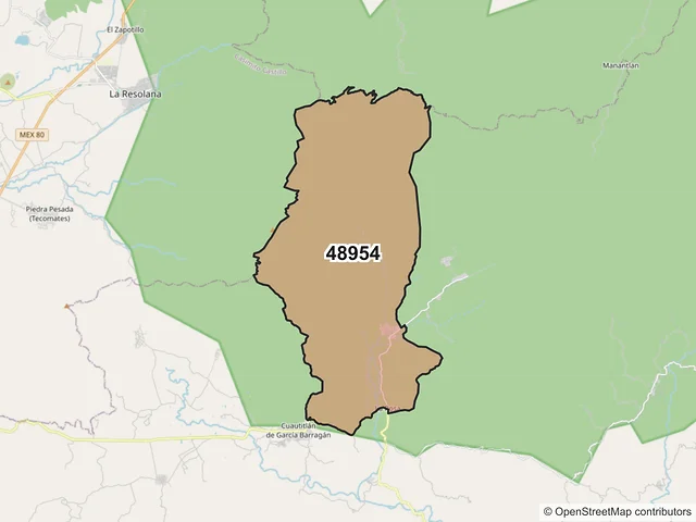 Mapa del código postal 48954, Cuautitlán de García Barragán, Jalisco