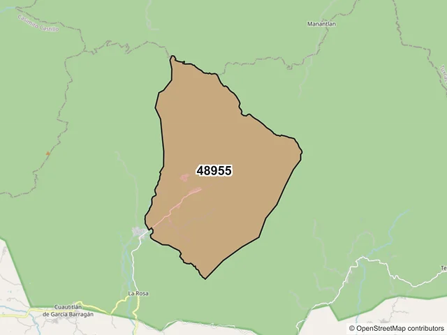Mapa del código postal 48955, Cuautitlán de García Barragán, Jalisco