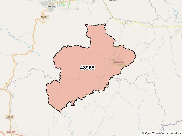Mapa del código postal 48965, Cuautitlán de García Barragán, Jalisco