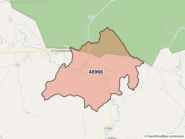 Mapa del código postal 48966, Cuautitlán de García Barragán, Jalisco