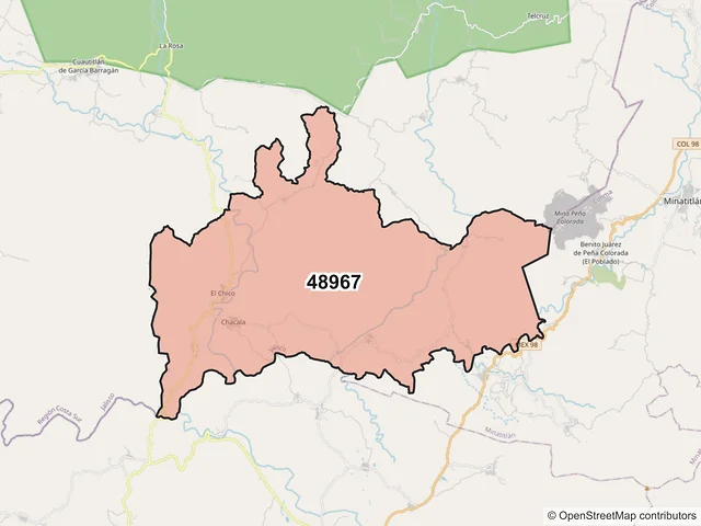Mapa del código postal 48967, Cuautitlán de García Barragán, Jalisco
