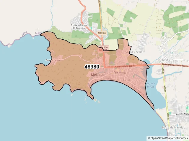 Mapa del código postal 48980, Cihuatlán, Jalisco