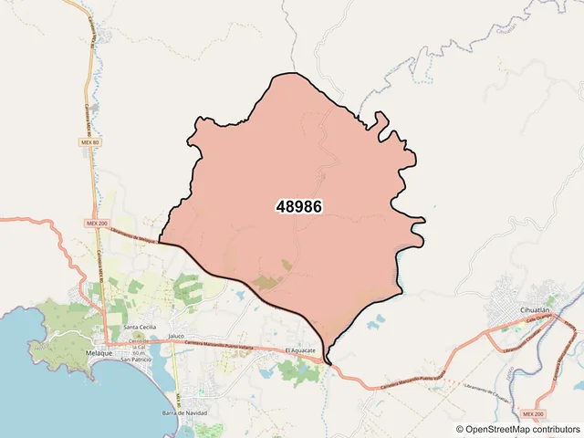 Mapa del código postal 48986, Cihuatlán, Jalisco