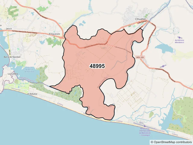 Mapa del código postal 48995, Cihuatlán, Jalisco
