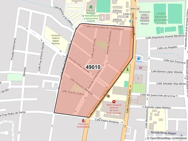 Mapa del código postal 49010, Zapotlán el Grande, Jalisco