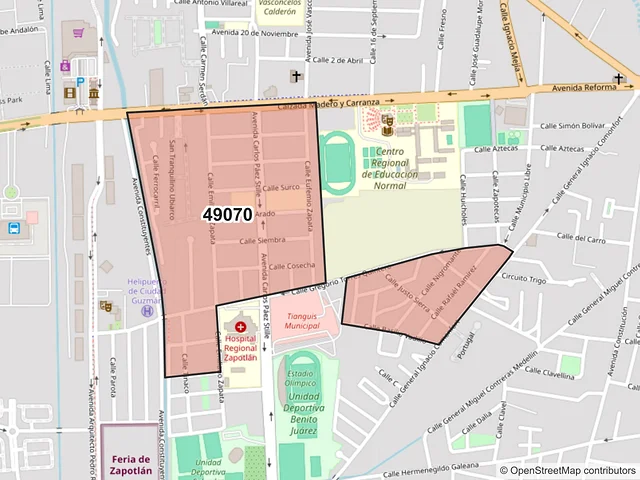 Mapa del código postal 49070, Zapotlán el Grande, Jalisco