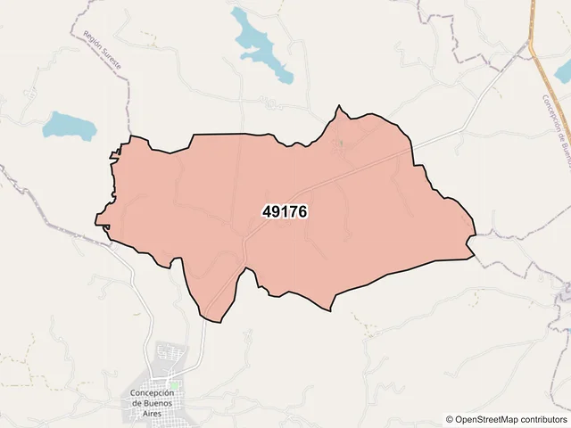 Mapa del código postal 49176, Concepción de Buenos Aires, Jalisco