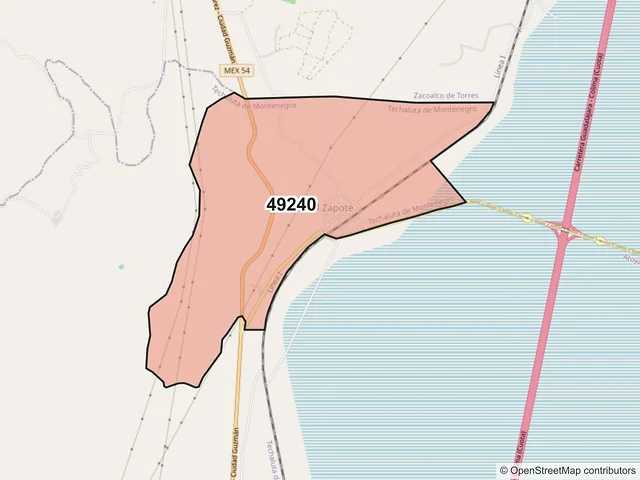 Mapa del código postal 49240, Techaluta de Montenegro, Jalisco