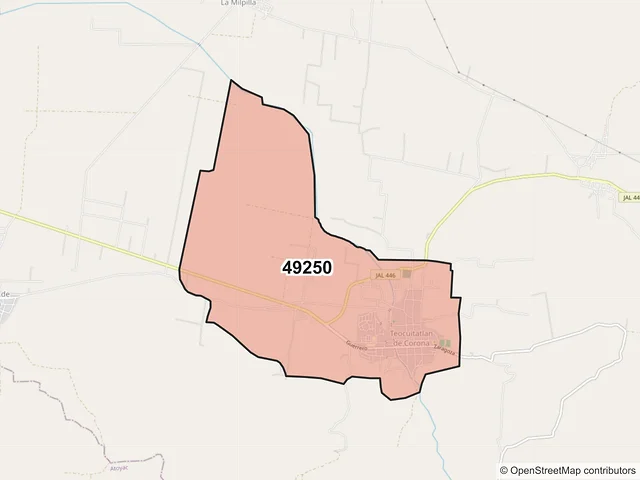 Mapa del código postal 49250, Teocuitatlán de Corona, Jalisco