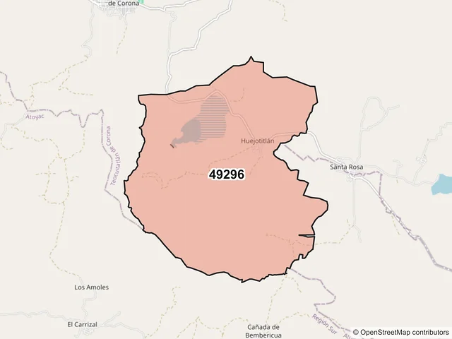 Mapa del código postal 49296, Teocuitatlán de Corona, Jalisco