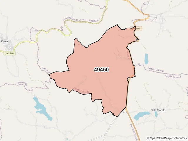 Mapa del código postal 49450, Tuxcueca, Jalisco