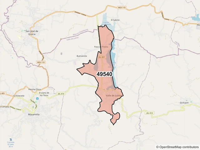 Mapa del código postal 49540, Valle de Juárez, Jalisco