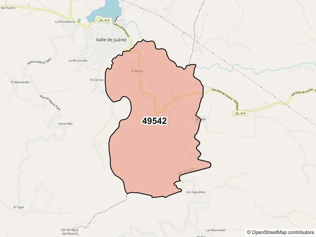 Mapa del código postal 49542, Valle de Juárez, Jalisco