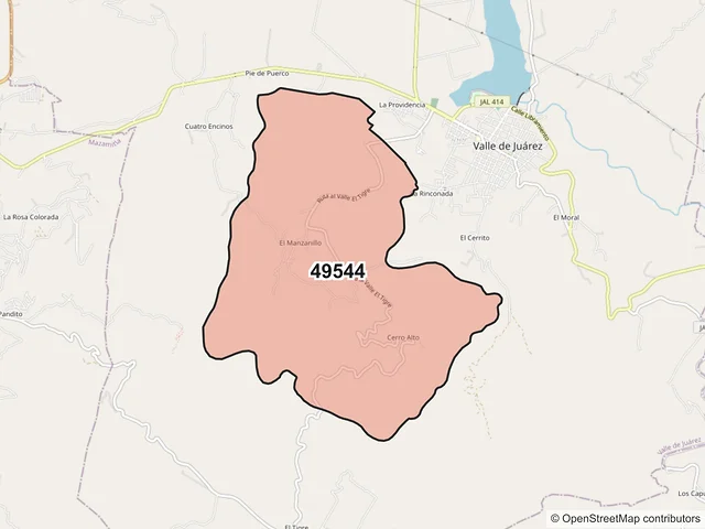 Mapa del código postal 49544, Valle de Juárez, Jalisco