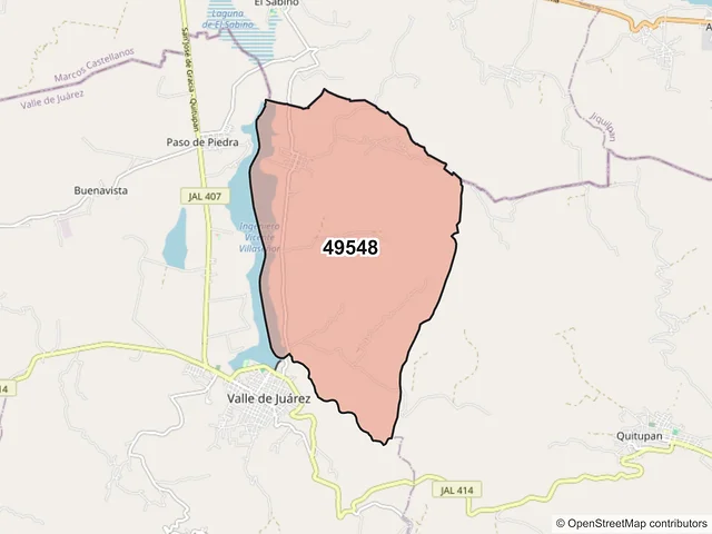Mapa del código postal 49548, Valle de Juárez, Jalisco