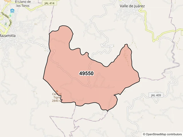 Mapa del código postal 49550, Valle de Juárez, Jalisco