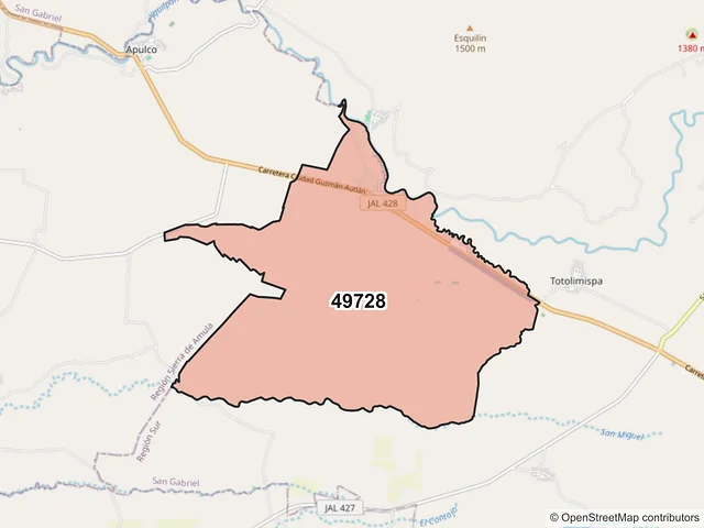Mapa del código postal 49728, San Gabriel, Jalisco
