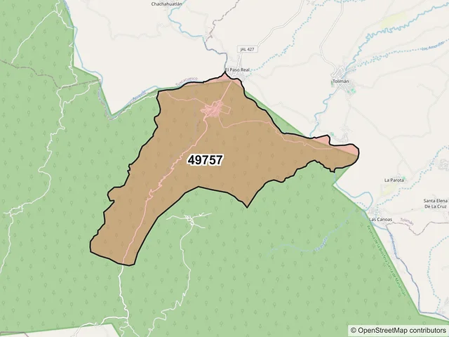 Mapa del código postal 49757, Tolimán, Jalisco