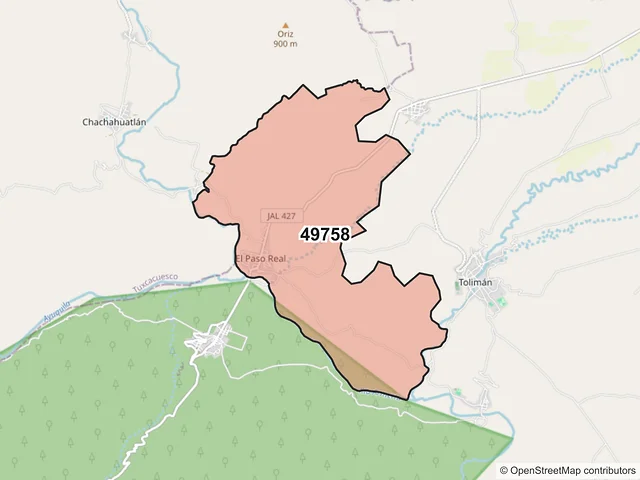 Mapa del código postal 49758, Tolimán, Jalisco