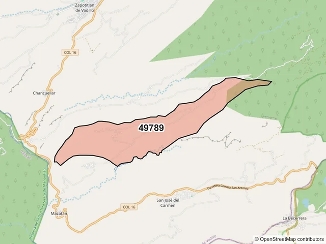 Mapa del código postal 49789, Zapotitlán de Vadillo, Jalisco