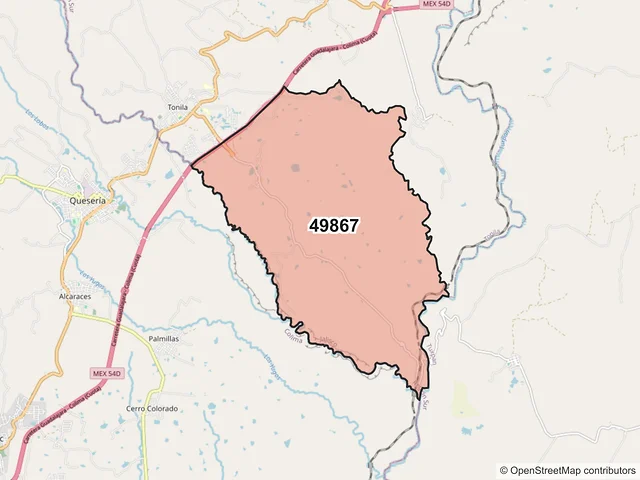 Mapa del código postal 49867, Tonila, Jalisco