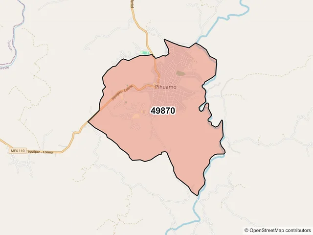 Mapa del código postal 49870, Pihuamo, Jalisco