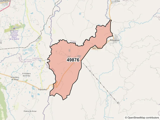 Mapa del código postal 49876, Pihuamo, Jalisco