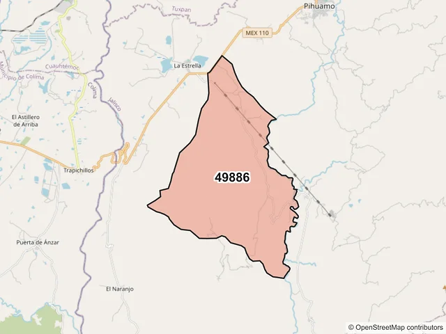 Mapa del código postal 49886, Pihuamo, Jalisco