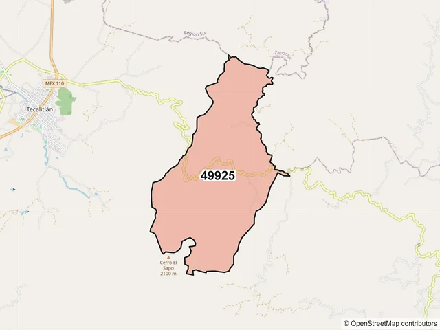Mapa del código postal 49925, Tecalitlán, Jalisco