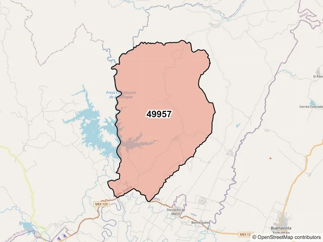 Mapa del código postal 49957, Jilotlán de los Dolores, Jalisco