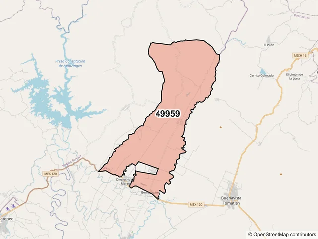 Mapa del código postal 49959, Jilotlán de los Dolores, Jalisco