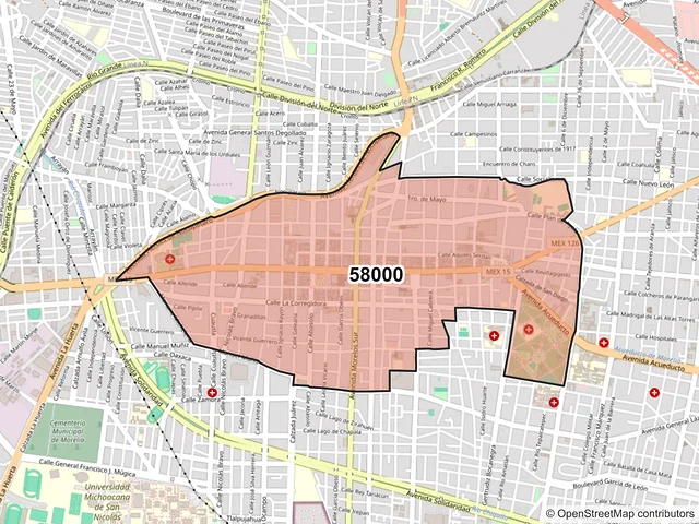 Mapa del código postal 58000, Morelia, Michoacán de Ocampo