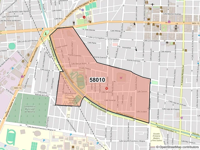 Mapa del código postal 58010, Morelia, Michoacán de Ocampo