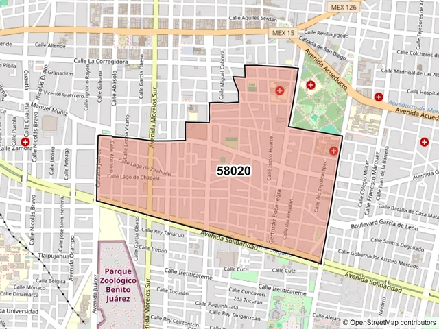 Mapa del código postal 58020, Morelia, Michoacán de Ocampo