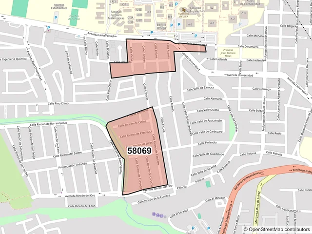 Mapa del código postal 58069, Morelia, Michoacán de Ocampo