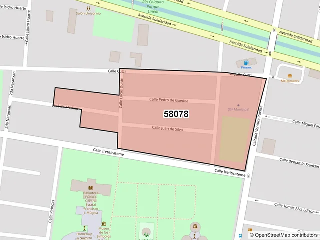 Mapa del código postal 58078, Morelia, Michoacán de Ocampo