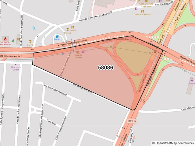 Mapa del código postal 58086, Morelia, Michoacán de Ocampo